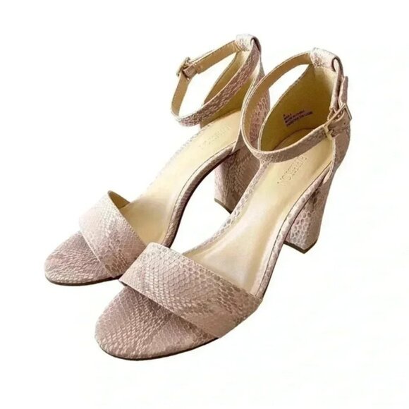Expression Block Heel Sandals Ankle Straps Pink Cream Snakeskin Size 8 - Picture 4 of 14